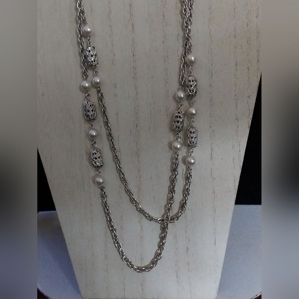 Vintage Sarah Coventry Silver -Tone Filagree Necklace w Faux Pearls 54" Long